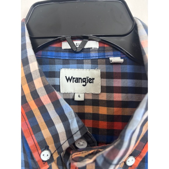 Wrangler Mens Large Short Sleeve Plaid Button Down Shirt Blue Orange - Picture 5 of 7